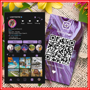 Instagram LUXURY Purple & Black Marble Agate QR Business Card