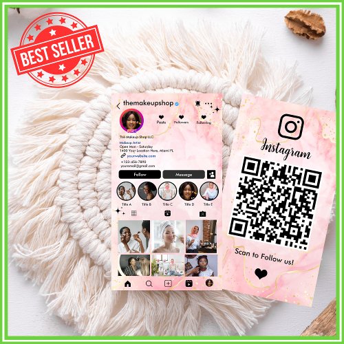 Instagram Marble Pink QR Code Social Media  Business Card