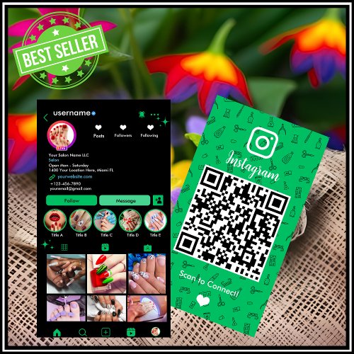 Instagram Nail Salon Green  Social Media QR Code Business Card