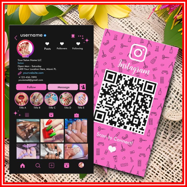 Instagram Nail Salon Pink |  Social Media QR Code Business Card (Creator Uploaded)
