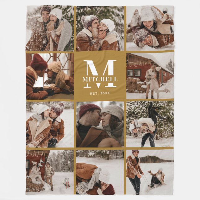 Instagram Photo Collage | Boho Mustard Monogram  Fleece Blanket (Front)