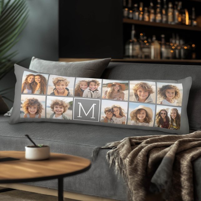 Instagram Photo Collage Custom Monogram Charcoal Body Pillow (Custom Body Pillow)