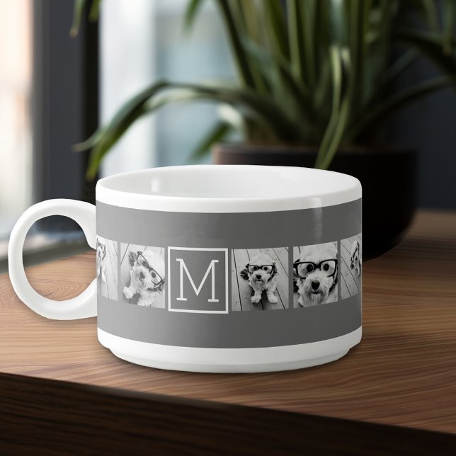 Instagram Photo Collage Custom Monogram Charcoal Bowl (Personalized chili mug)