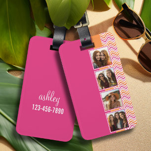 Instagram Photo Collage Hot Pink Orange Chevrons Luggage Tag