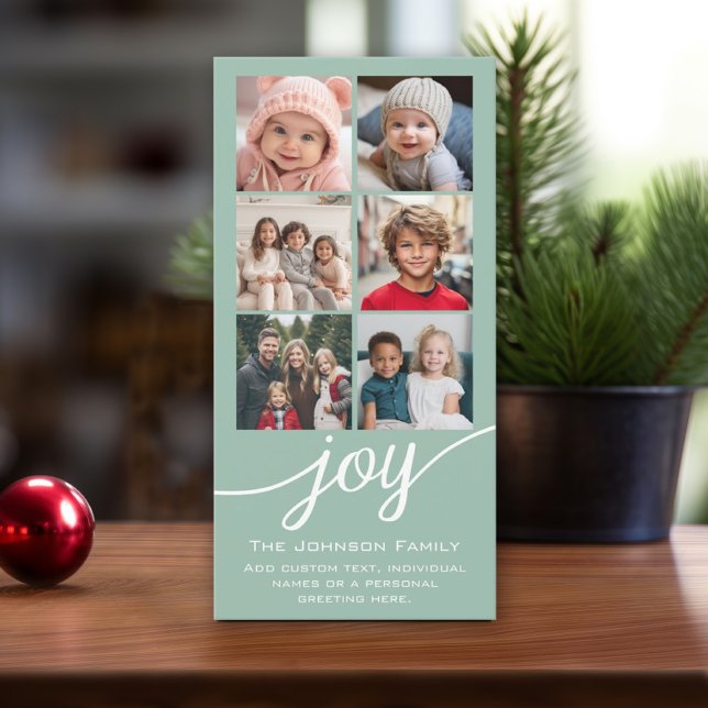 Instagram Photo Collage - Joy Mint Green Holiday Card (Online Christmas card template, minimal design with 6 photos. Download option available)
