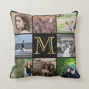 Instagram Photo Collage Monogram Black Gold Dots Throw Pillow