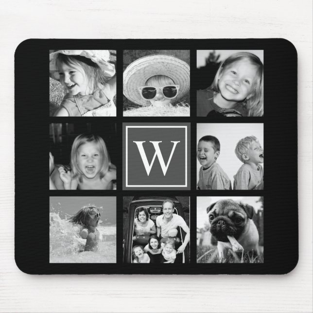Instagram Photo Collage Monogram Black & White Mouse Pad (Front)