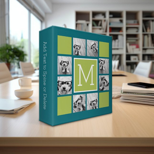 Instagram Photo Collage Monogram - Blue and Lime Binder (Custom Office and School Binder)