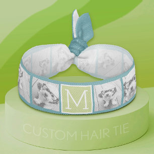 Instagram Photo Collage Monogram - Blue and Lime Elastic Hair Tie