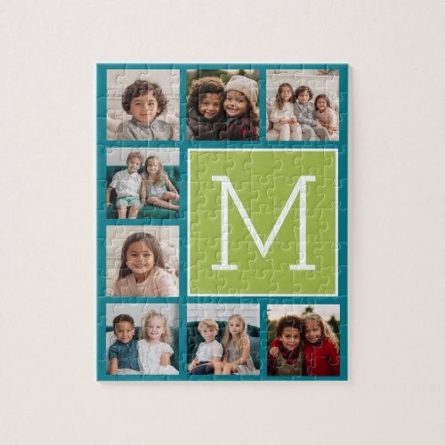Instagram Photo Collage Monogram _ Blue and Lime Jigsaw Puzzle