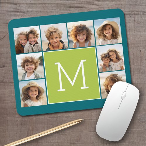 Instagram Photo Collage Monogram _ Blue and Lime Mouse Pad