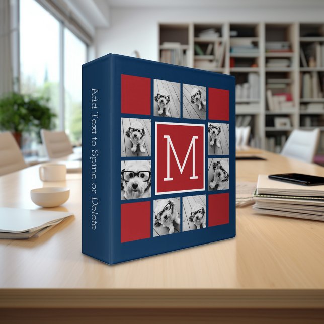 Instagram Photo Collage Monograms - Blue and Red Binder (Personalized 3-ring Binder with custom text and photos)