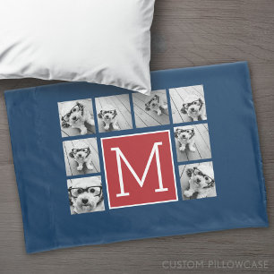 Instagram Photo Collage Monograms - Red Navy Pillowcase