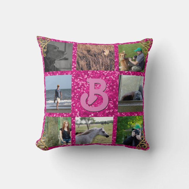 Instagram Photo Collage Pink | Custom Monogram Throw Pillow (Front)