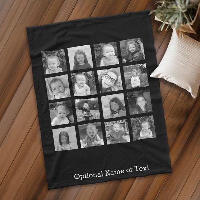 Instagram Photo Collage - Up to 16 photos Black Fleece Blanket (Personalized fleece blanket with photos and text)