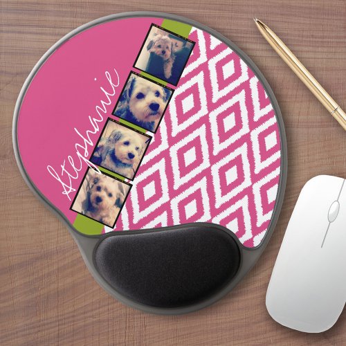 Instagram Photo Collage with Ikat hot pink name Gel Mouse Pad