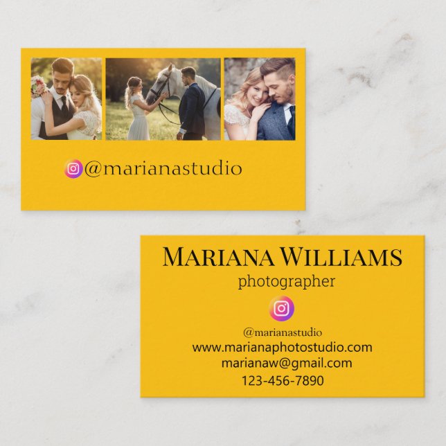 instagram photographer 3 photos collage yellow business card (Front/Back)