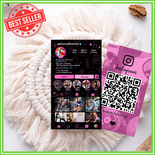 Instagram Pink & Black Personal Fitness Trainer Business Card (Creator Uploaded)
