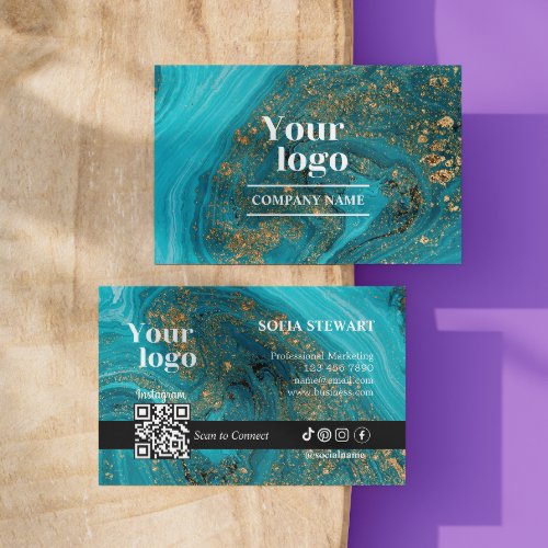 Instagram Qr Code Bold Marble Agate Turquoise Teal Business Card