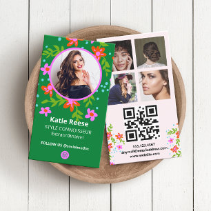 Instagram Social Media Photo Grid, QR Code, Floral Business Card