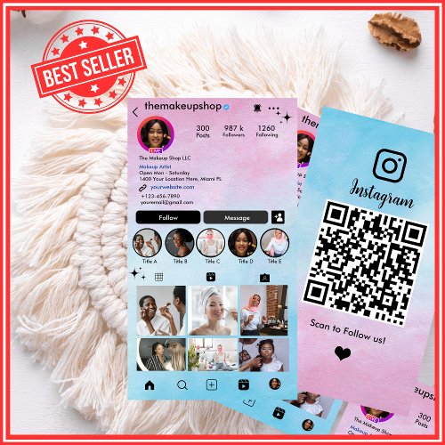 Instagram Watercolour Pink Blue Ombre Social Media Business Card
