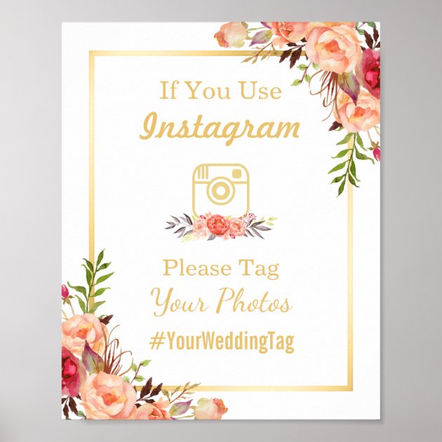 Instagram Wedding Sign | Rustic Gold Orange Floral