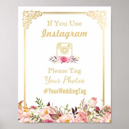Instagram Wedding Sign | Vintage Gold Frame Floral