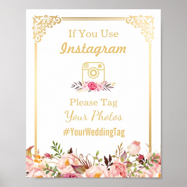 Instagram Wedding Sign | Vintage Gold Frame Floral (Front)