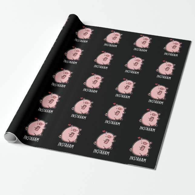 Instaham Funny Social Media Pig Pun Dark BG Wrapping Paper (Unrolled)