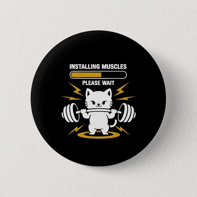 Installing Muscles Please Wait Cute Gym Cat Bodybu Button (Front)
