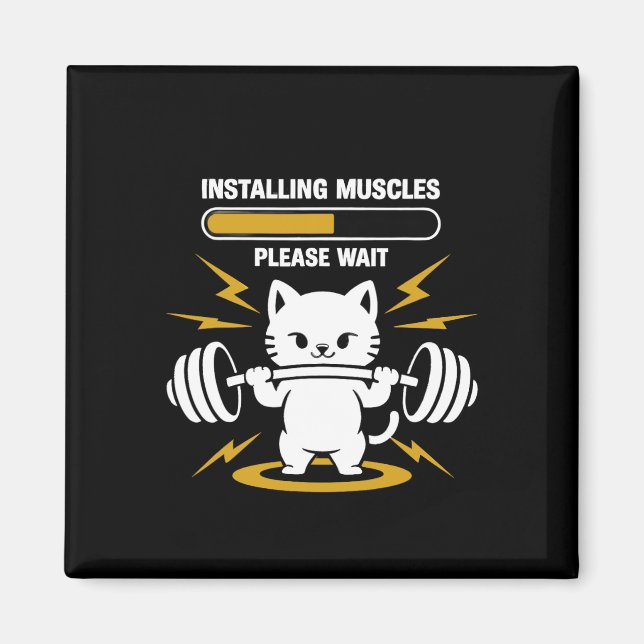 Installing Muscles Please Wait Cute Gym Cat Bodybu Magnet (Front)
