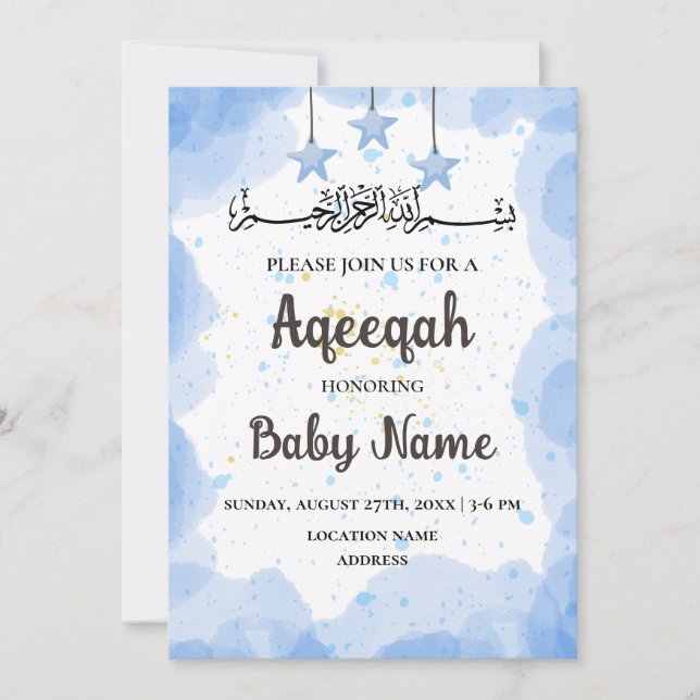 Instant Blue Aqeeqah Aqiqah Invitation Card (Front)