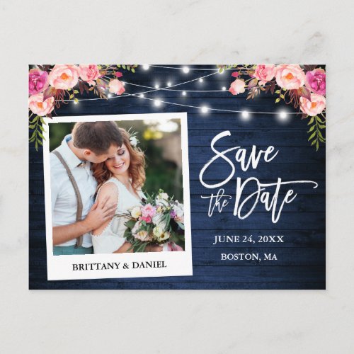 Instant Camera Blue Wood Pink Floral Save The Date Postcard