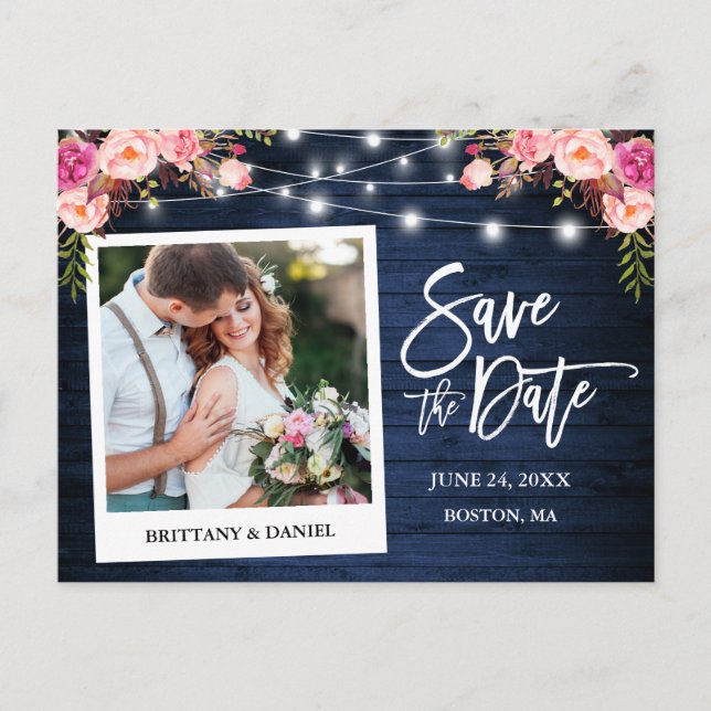 Instant Camera Blue Wood Pink Floral Save The Date Postcard (Front)