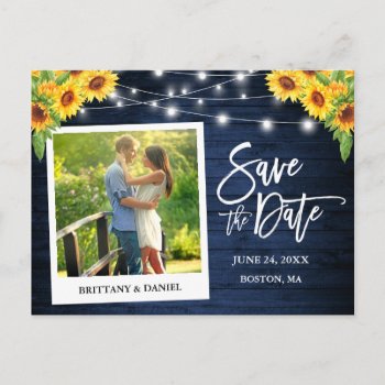 Instant Camera Blue Wood Sunflowers Save The Date Postcard by SugarandSpicePaperCo at Zazzle