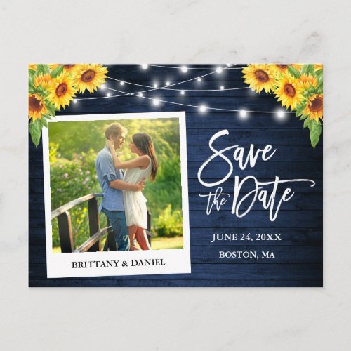 Instant Camera Blue Wood Sunflowers Save The Date Postcard