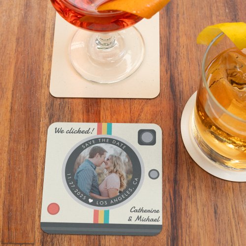 Instant Camera Couple Photo Unique Save The Date Square Paper Coaster