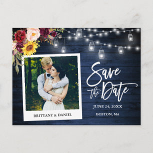 Instant Camera Floral Jars Blue Wood Save The Date Postcard