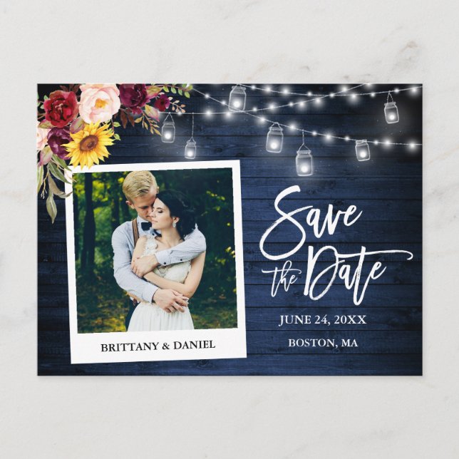 Instant Camera Floral Jars Blue Wood Save The Date Postcard (Front)