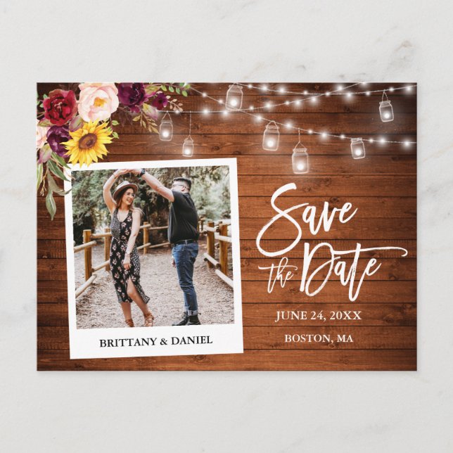 Instant Camera Floral Jars Wood Save The Date Postcard (Front)