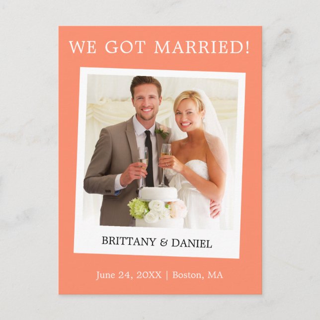 Instant Camera Photo Wedding Announcement Coral Postcard (Front)