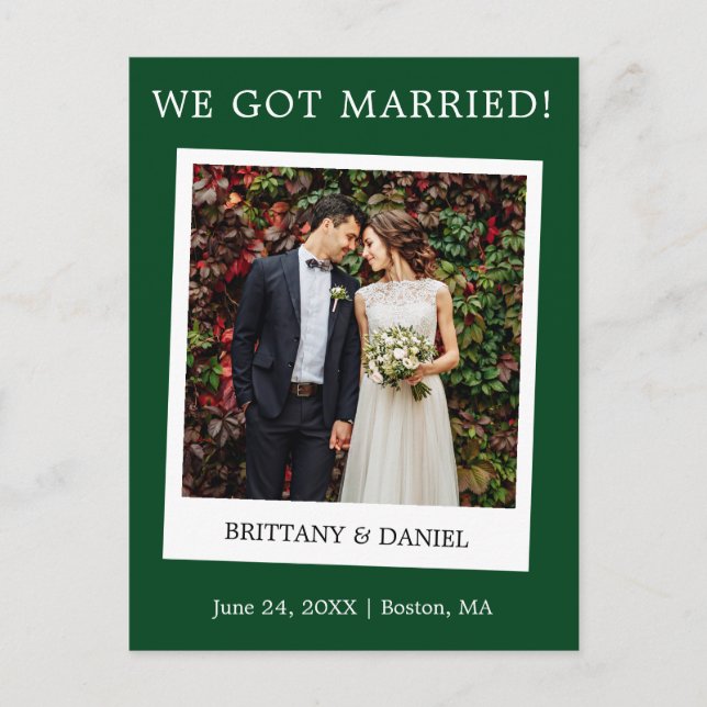 Instant Camera Photo Wedding Announcement Green Postcard (Front)