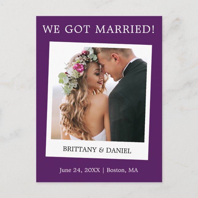 Instant Camera Photo Wedding Announcement Purple Postcard (Front)