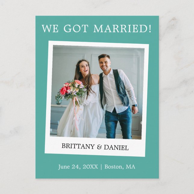 Instant Camera Photo Wedding Announcement Teal Postcard (Front)