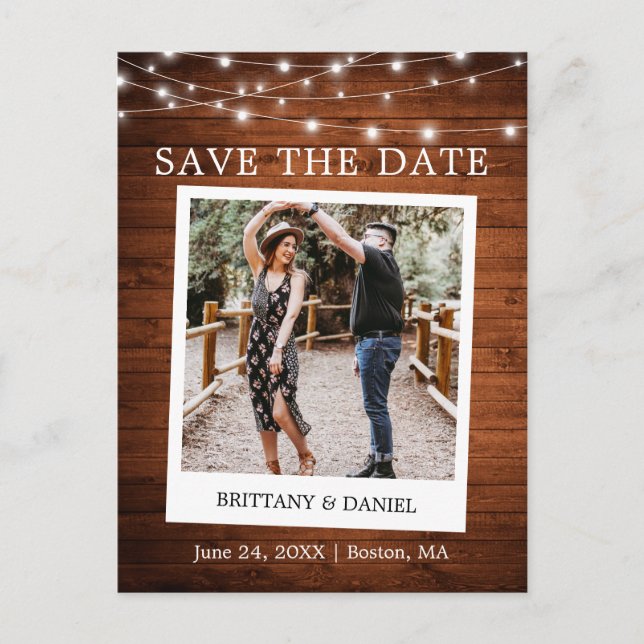 Instant Camera Photo Wood Lights Save The Date Postcard (Front)