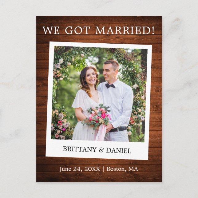Instant Camera Photo Wood Wedding Announcement Postcard (Front)