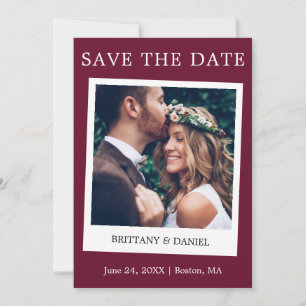 Instant Camera Style Couple Photo Burgundy Save The Date
