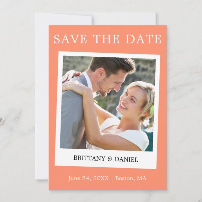 Instant Camera Style Couple Photo Coral Save The Date (Front)