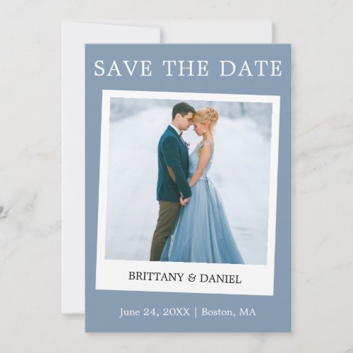 Instant Camera Style Couple Photo Dusty Blue Save The Date