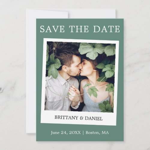 Instant Camera Style Couple Photo Eucalyptus Green Save The Date